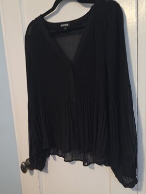 Express Black Pleated V-Neck Button-Up Blouse